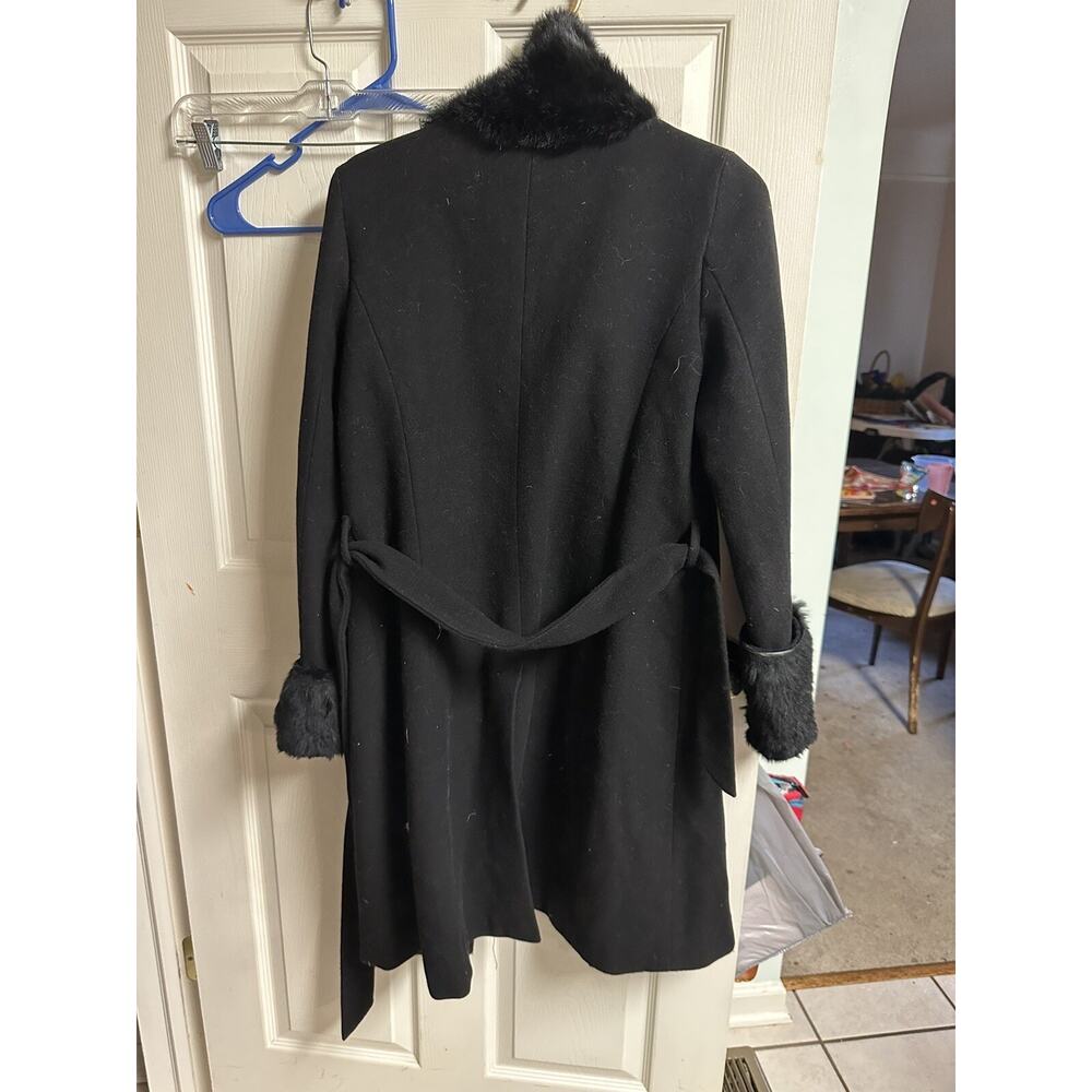 90s Wool Lord Taylor Jacket Coat Women's Black Rabbit Fur Collar Small 6 Tie - Picture 6 of 7